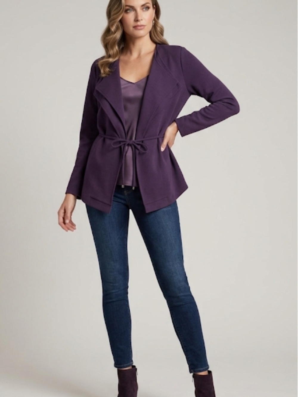 Purple Waterfall Cardigan  from WORTHINGTON with Belt - Size L